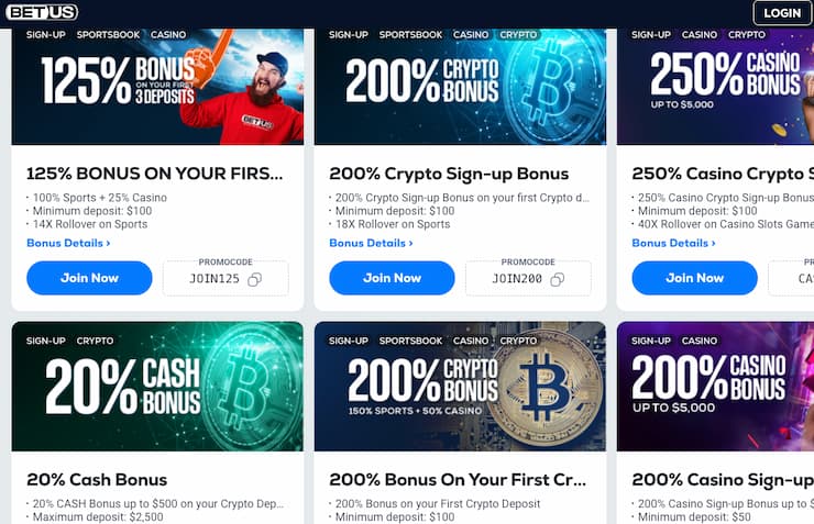 Featured promos on BetUS, a top online sports betting option in Oregon.
